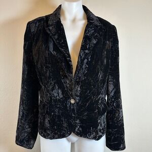 Black Crushed Velvet Blazer‎ Jacket 14 Lined Rhinestone Button Goth Glam Holiday
